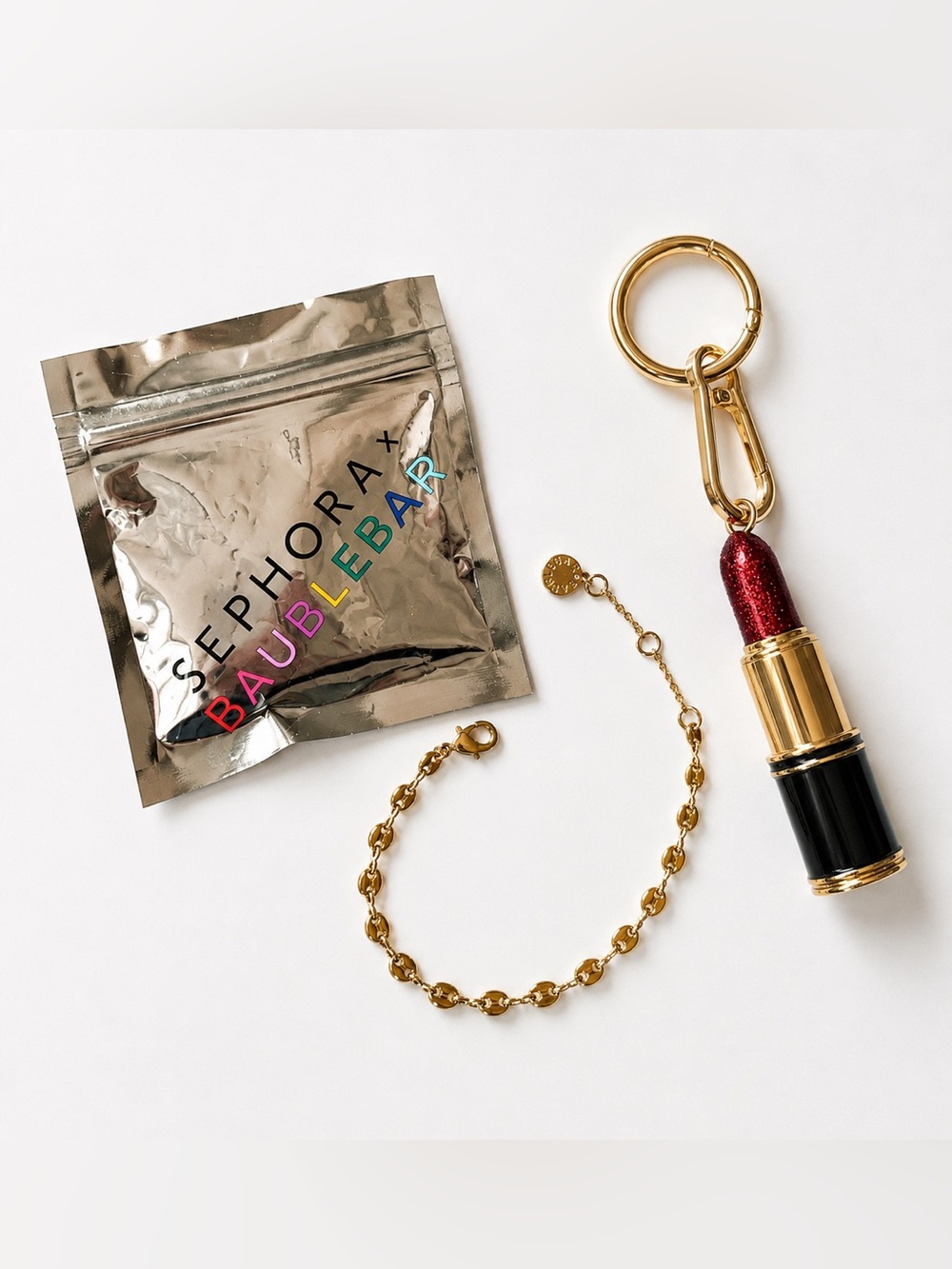 BAUBLEBAR x SEPHORA Lipstick Charm/Keychain & Waterproof Gold Chain Bracelet